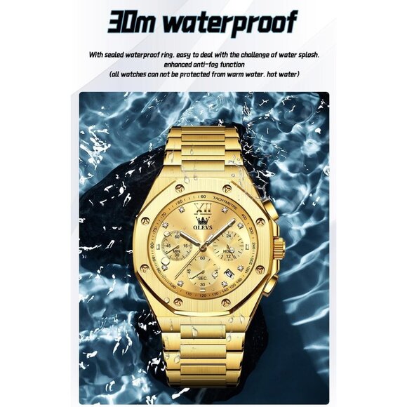 Olevs Men's Gold Stainless Steel Analog Luminous Waterproof Easy Wear Watch - Picture 5 of 5